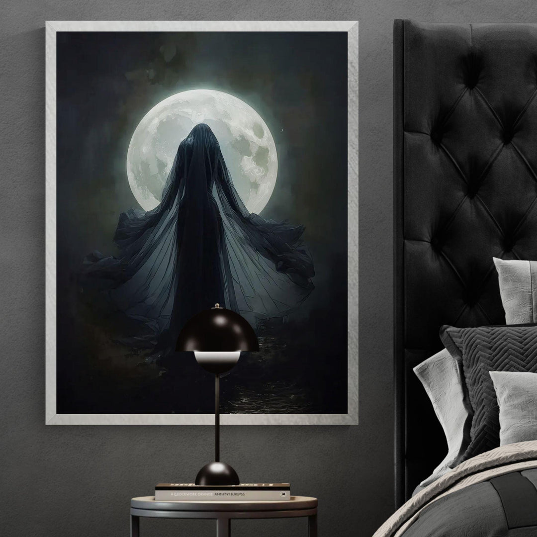 Dark fantasy illustration of a mysterious moon priestess draped in flowing veils standing before a radiant full moon, surrounded by deep shadows and mystical lunar atmosphere.