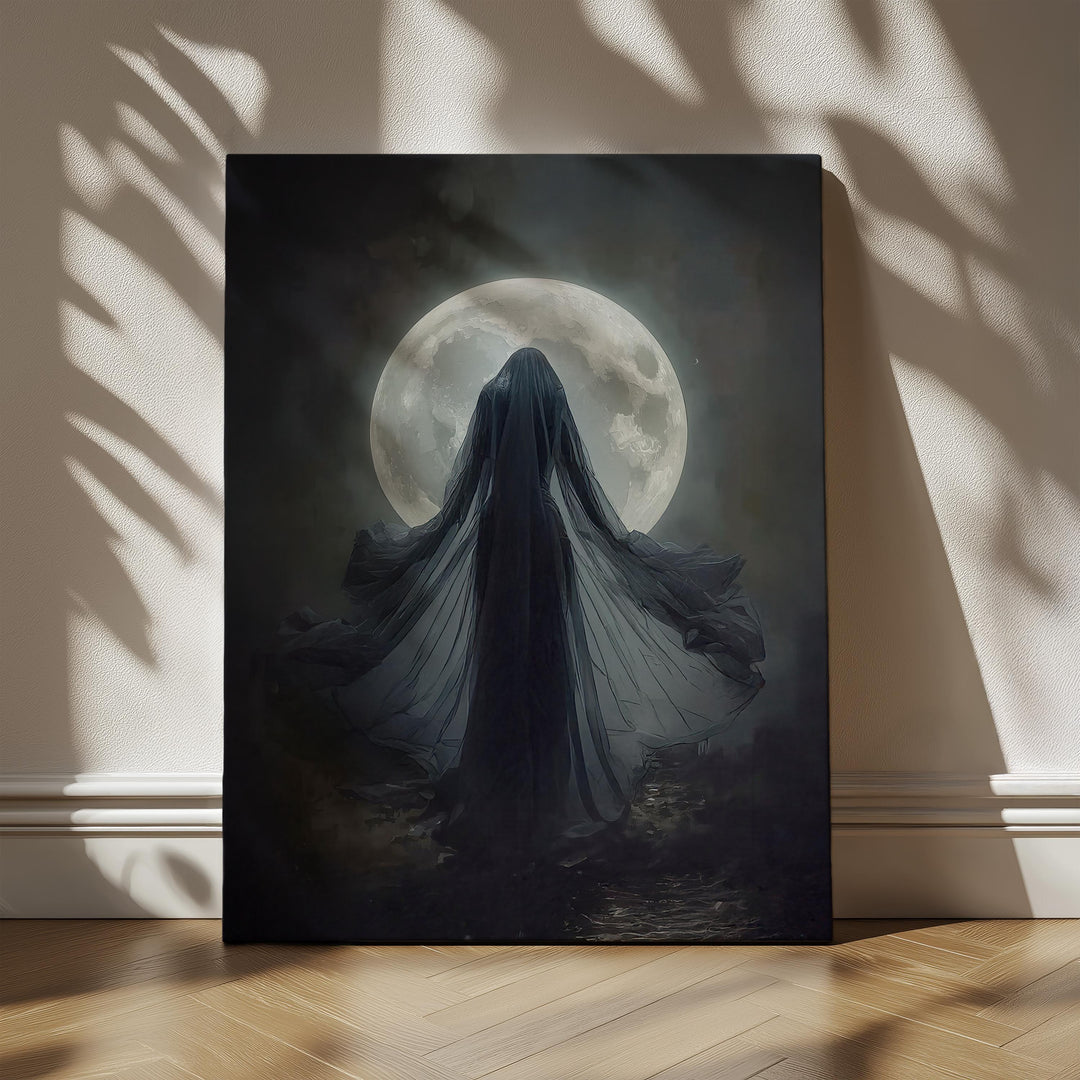 Dark fantasy illustration of a mysterious moon priestess draped in flowing veils standing before a radiant full moon, surrounded by deep shadows and mystical lunar atmosphere.