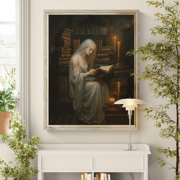 Atmospheric dark academia artwork of a scholar reading an ancient book in a candlelit library surrounded by towering shelves of old books and warm golden light.
