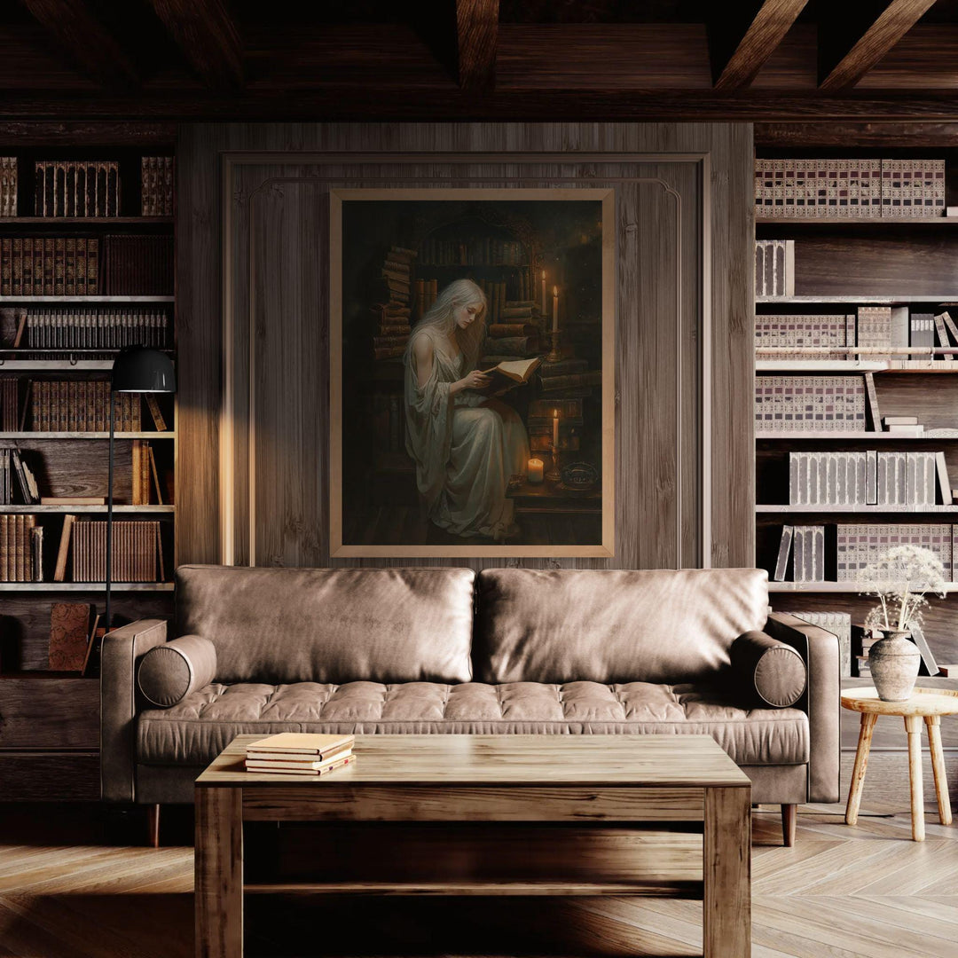 Atmospheric dark academia artwork of a scholar reading an ancient book in a candlelit library surrounded by towering shelves of old books and warm golden light.