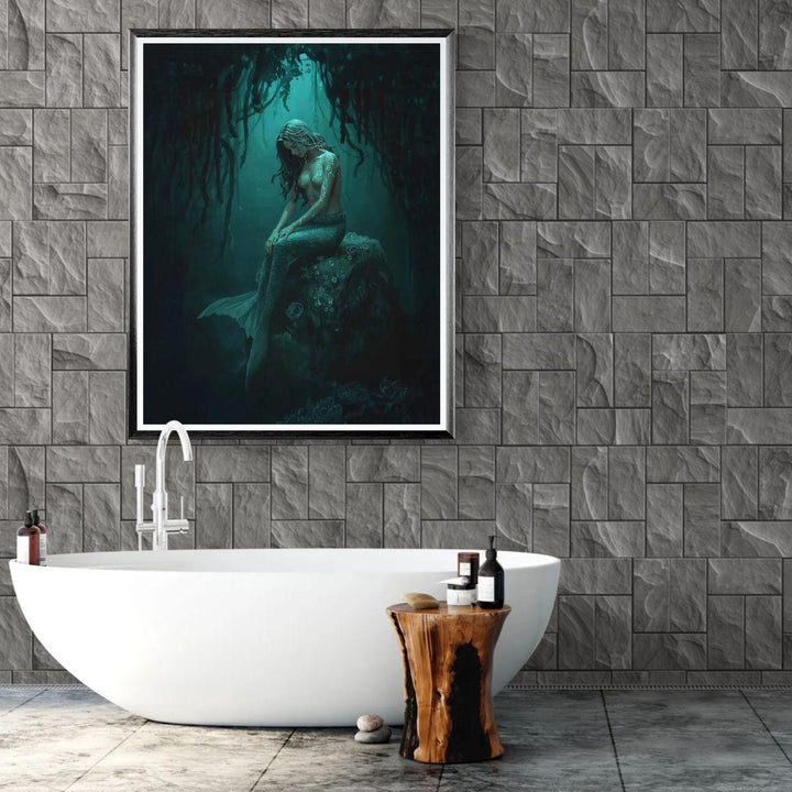 Dark mermaid wall art featuring a haunting siren seated beneath hanging kelp, glowing with teal magical markings in an underwater fantasy scene