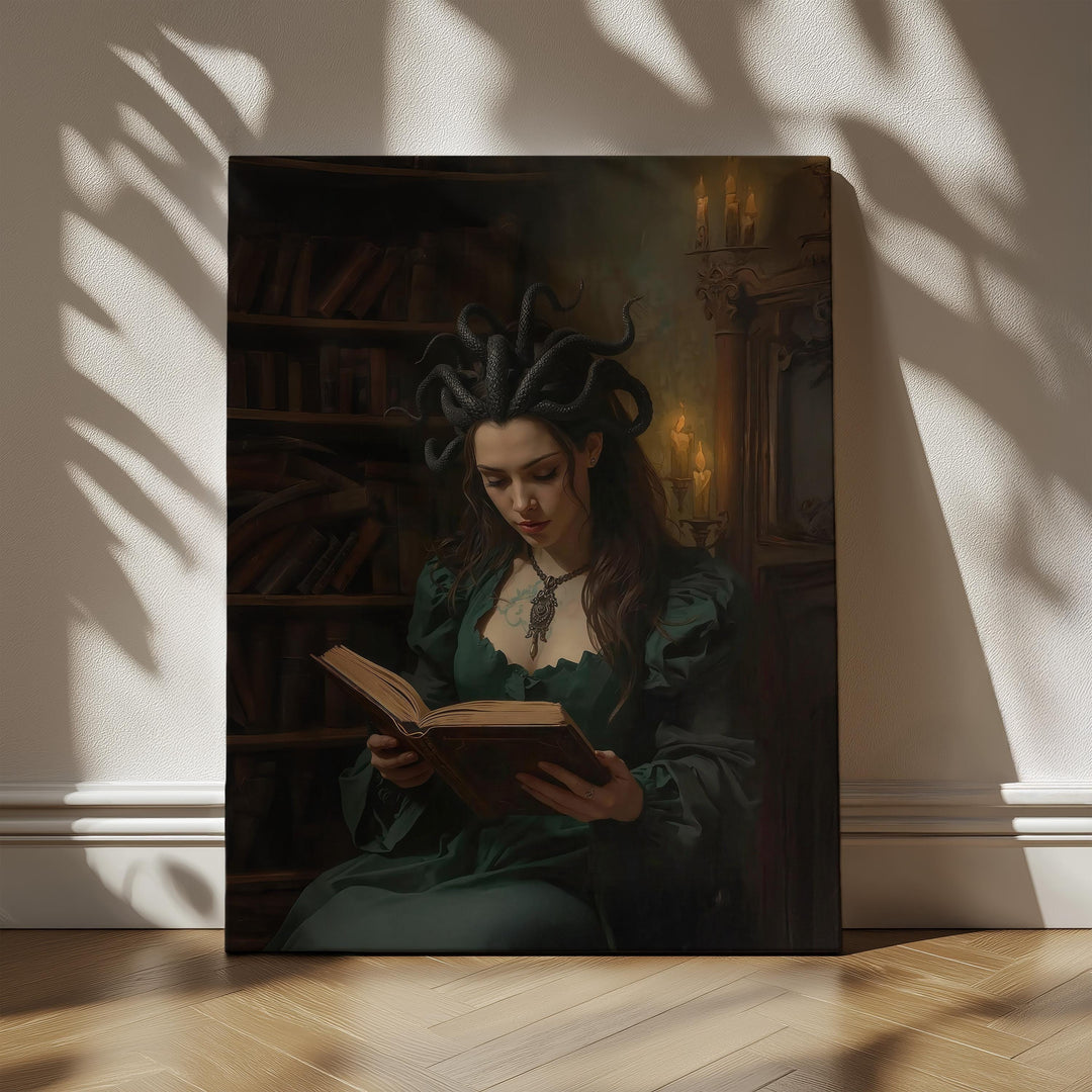 Dark academia fantasy wall art featuring a Medusa-inspired sorceress with serpent hair reading an ancient book inside a candlelit gothic library, surrounded by shelves of old tomes and warm shadows.