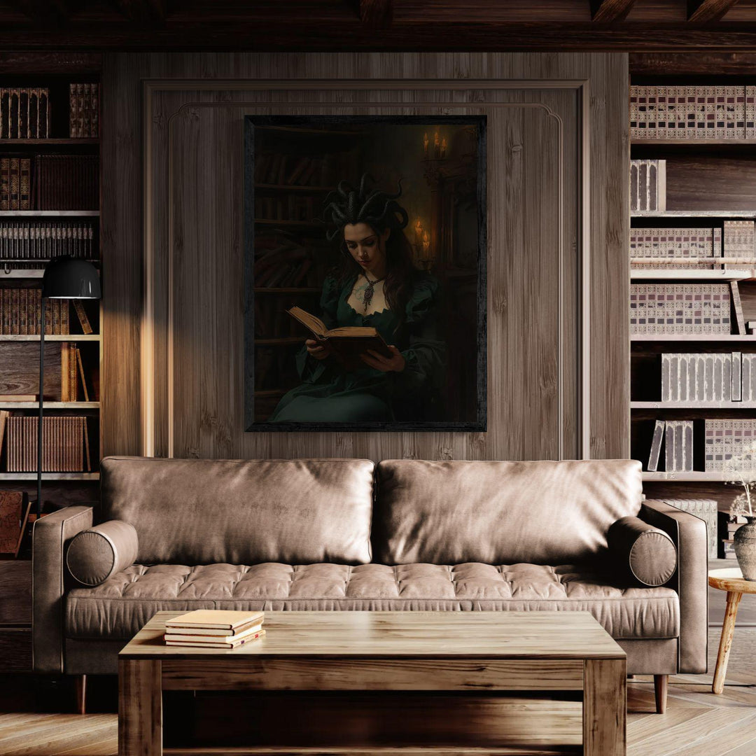 Dark academia fantasy wall art featuring a Medusa-inspired sorceress with serpent hair reading an ancient book inside a candlelit gothic library, surrounded by shelves of old tomes and warm shadows.