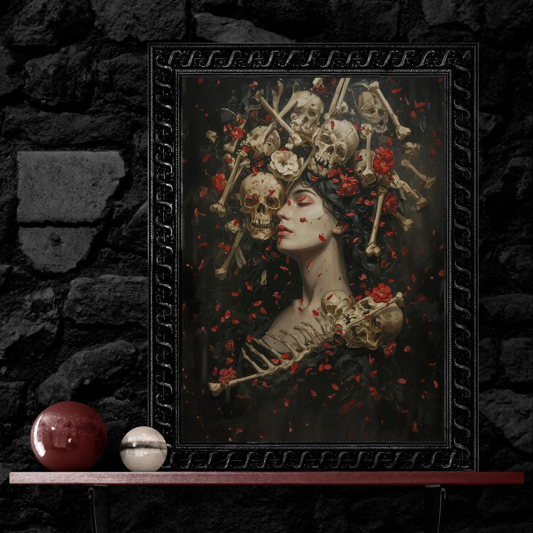 Moody gothic skull wall art featuring a serene dark-haired woman crowned with skulls and crossed bones, surrounded by red flower petals against a deep shadowy background, symbolizing beauty and mortality in a dramatic dark fantasy style.