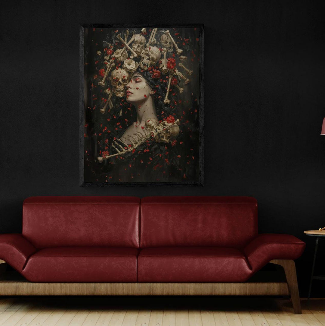 Moody gothic skull wall art featuring a serene dark-haired woman crowned with skulls and crossed bones, surrounded by red flower petals against a deep shadowy background, symbolizing beauty and mortality in a dramatic dark fantasy style.