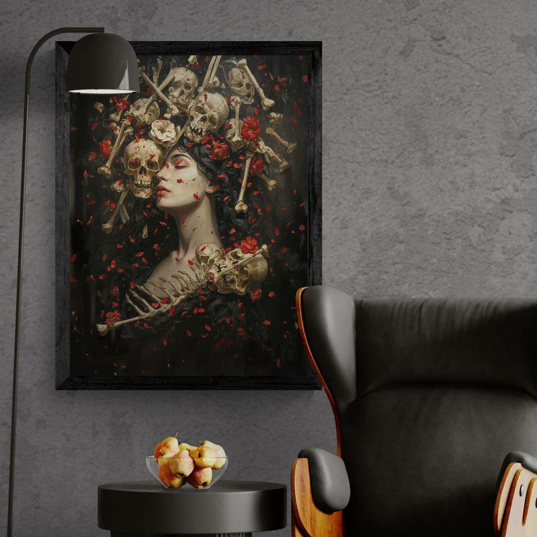Moody gothic skull wall art featuring a serene dark-haired woman crowned with skulls and crossed bones, surrounded by red flower petals against a deep shadowy background, symbolizing beauty and mortality in a dramatic dark fantasy style.