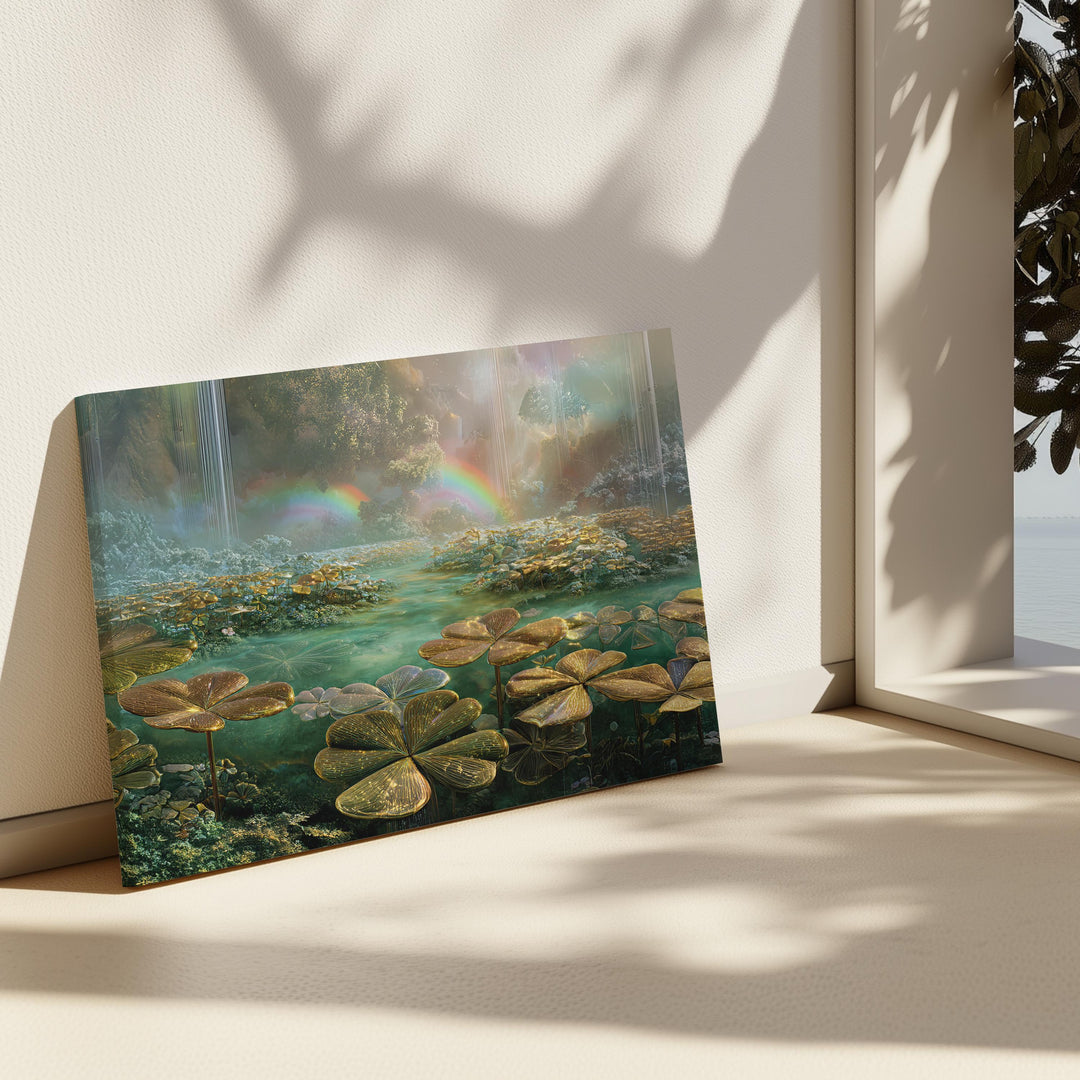 Ethereal dreamcore fantasy wall art showing a glowing clover garden surrounding crystal water, soft waterfalls, and luminous rainbows in a surreal, peaceful landscape filled with pastel light.
