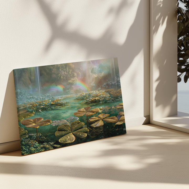 Ethereal dreamcore fantasy wall art showing a glowing clover garden surrounding crystal water, soft waterfalls, and luminous rainbows in a surreal, peaceful landscape filled with pastel light.