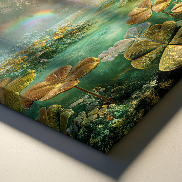 Ethereal dreamcore fantasy wall art showing a glowing clover garden surrounding crystal water, soft waterfalls, and luminous rainbows in a surreal, peaceful landscape filled with pastel light.