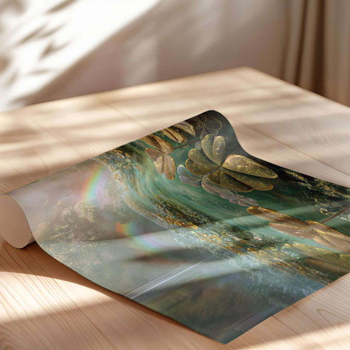 Ethereal dreamcore fantasy wall art showing a glowing clover garden surrounding crystal water, soft waterfalls, and luminous rainbows in a surreal, peaceful landscape filled with pastel light.