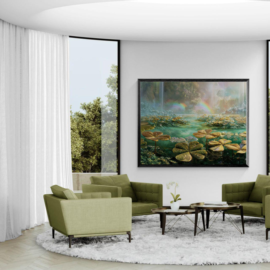 Ethereal dreamcore fantasy wall art showing a glowing clover garden surrounding crystal water, soft waterfalls, and luminous rainbows in a surreal, peaceful landscape filled with pastel light.