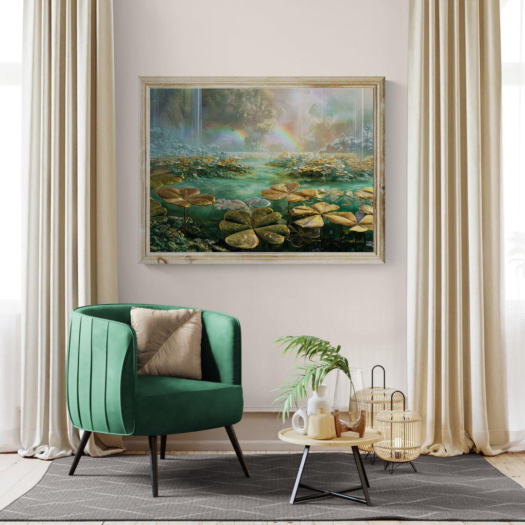 Ethereal dreamcore fantasy wall art showing a glowing clover garden surrounding crystal water, soft waterfalls, and luminous rainbows in a surreal, peaceful landscape filled with pastel light.