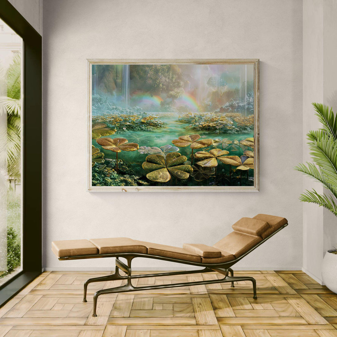 Ethereal dreamcore fantasy wall art showing a glowing clover garden surrounding crystal water, soft waterfalls, and luminous rainbows in a surreal, peaceful landscape filled with pastel light.