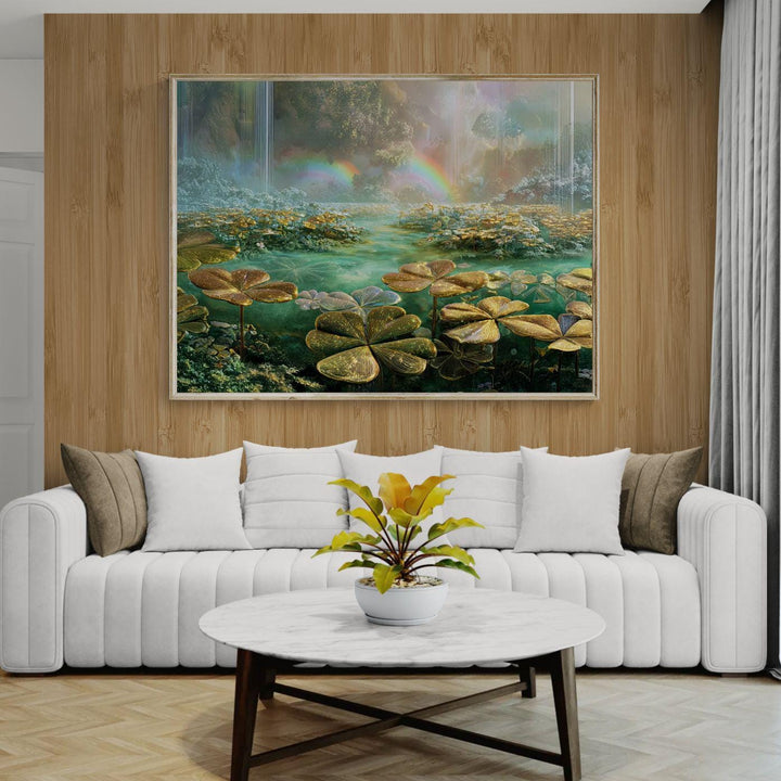 Ethereal dreamcore fantasy wall art showing a glowing clover garden surrounding crystal water, soft waterfalls, and luminous rainbows in a surreal, peaceful landscape filled with pastel light.