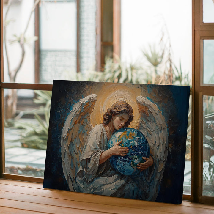 Spiritual angel wall art featuring a celestial guardian with white wings and glowing halo gently holding the Earth, painted in rich blue and gold tones, available as framed canvas or art print.