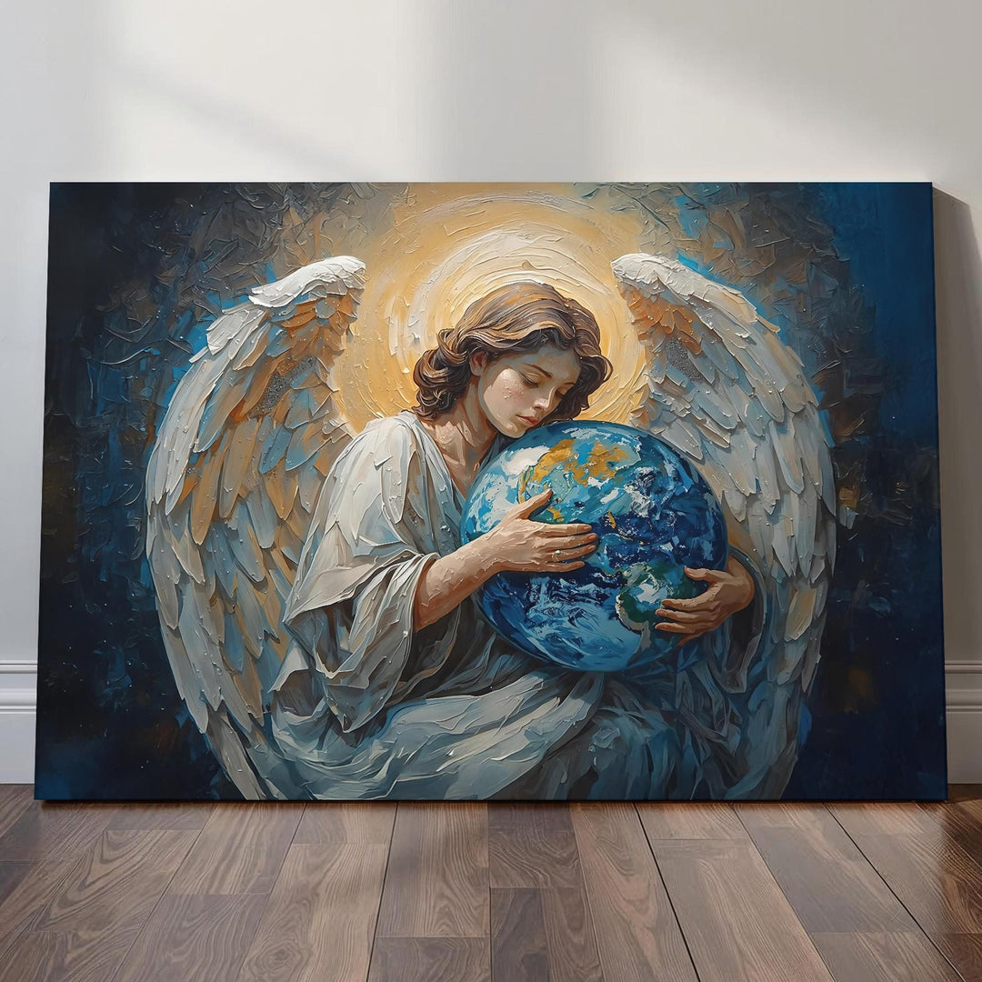 Spiritual angel wall art featuring a celestial guardian with white wings and glowing halo gently holding the Earth, painted in rich blue and gold tones, available as framed canvas or art print.