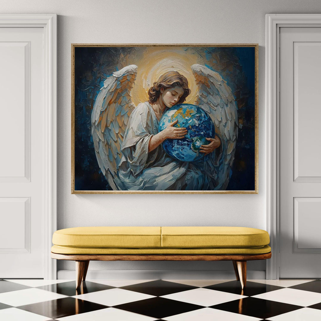 Spiritual angel wall art featuring a celestial guardian with white wings and glowing halo gently holding the Earth, painted in rich blue and gold tones, available as framed canvas or art print.