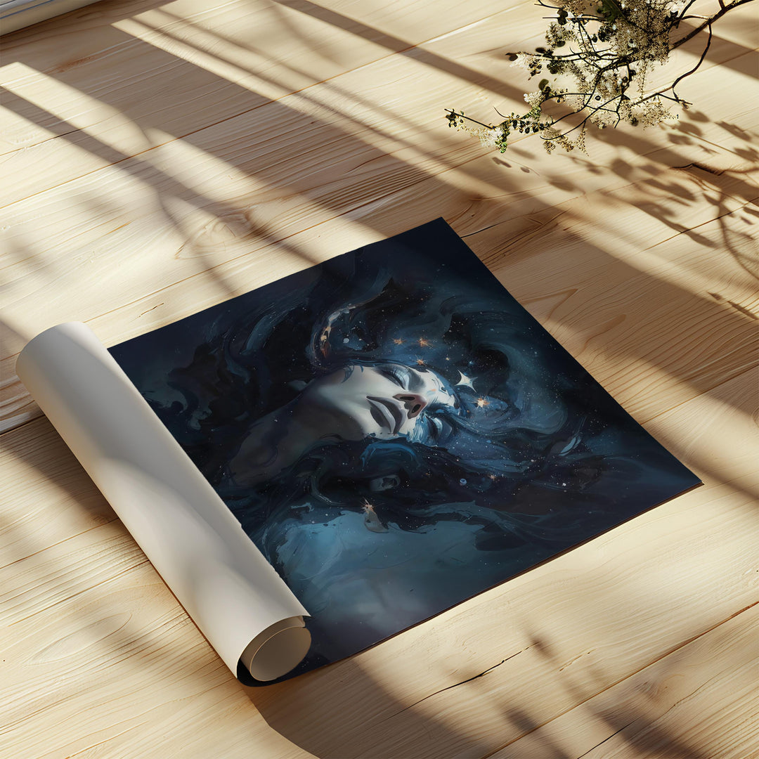 Dreamy celestial goddess wall art showing a serene woman emerging from swirling nebula clouds and glowing starlight in deep blue cosmic space