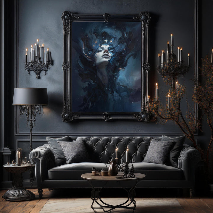 Dreamy celestial goddess wall art showing a serene woman emerging from swirling nebula clouds and glowing starlight in deep blue cosmic space