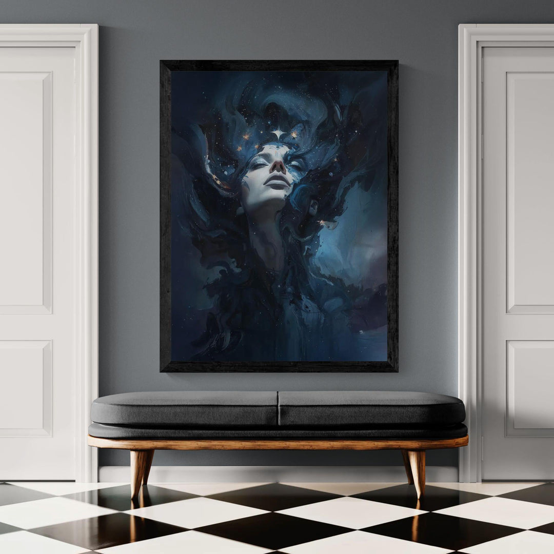 Dreamy celestial goddess wall art showing a serene woman emerging from swirling nebula clouds and glowing starlight in deep blue cosmic space