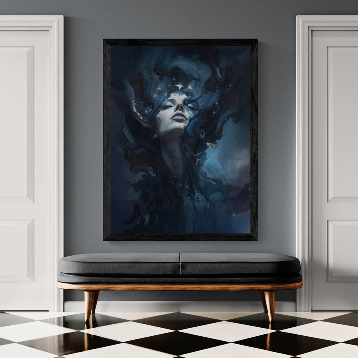 Dreamy celestial goddess wall art showing a serene woman emerging from swirling nebula clouds and glowing starlight in deep blue cosmic space