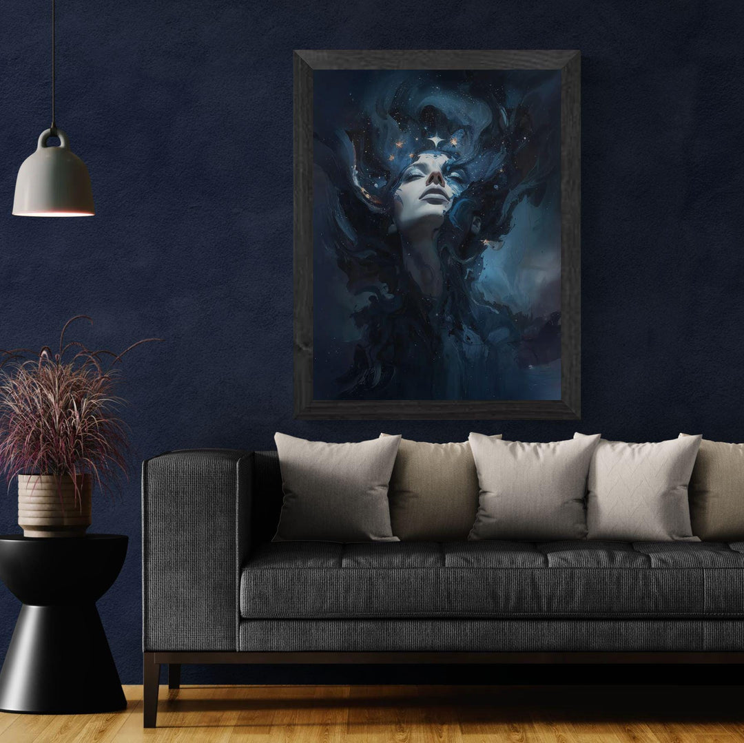 Dreamy celestial goddess wall art showing a serene woman emerging from swirling nebula clouds and glowing starlight in deep blue cosmic space