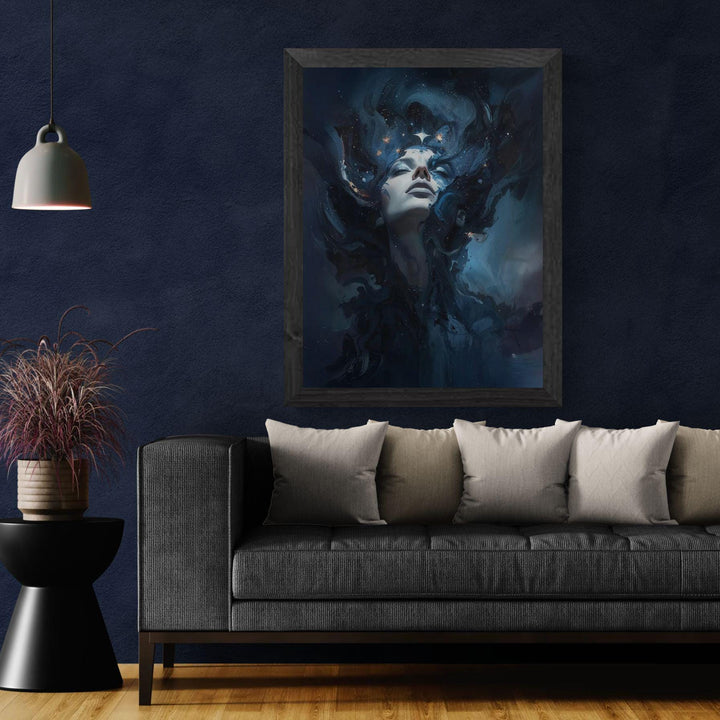 Dreamy celestial goddess wall art showing a serene woman emerging from swirling nebula clouds and glowing starlight in deep blue cosmic space