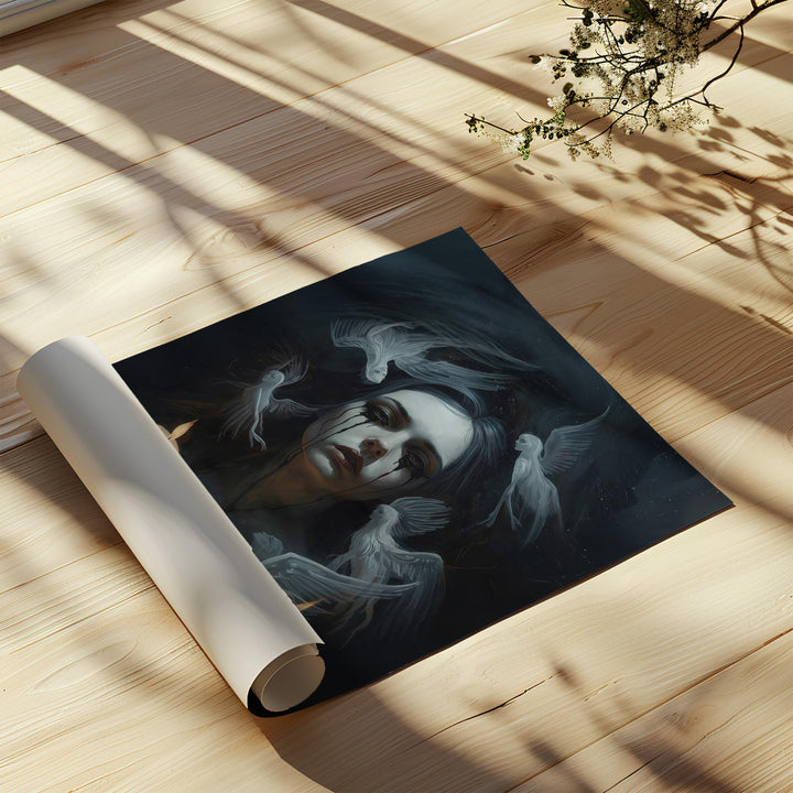 Dark fantasy wall art showing a pale woman with black tears and ghostly angels drifting through candlelit darkness