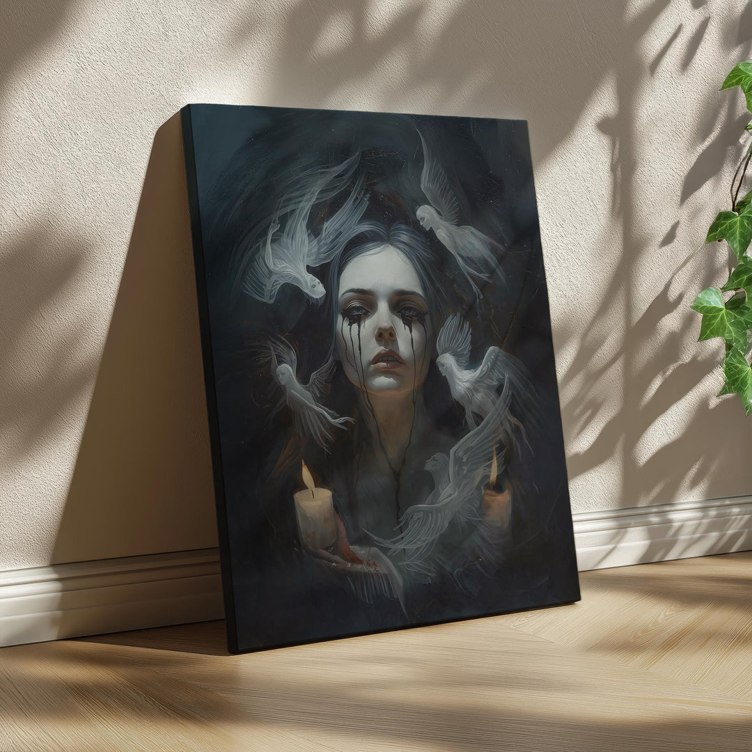 Dark fantasy wall art showing a pale woman with black tears and ghostly angels drifting through candlelit darkness