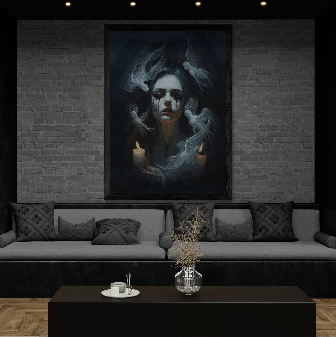 Dark fantasy wall art showing a pale woman with black tears and ghostly angels drifting through candlelit darkness