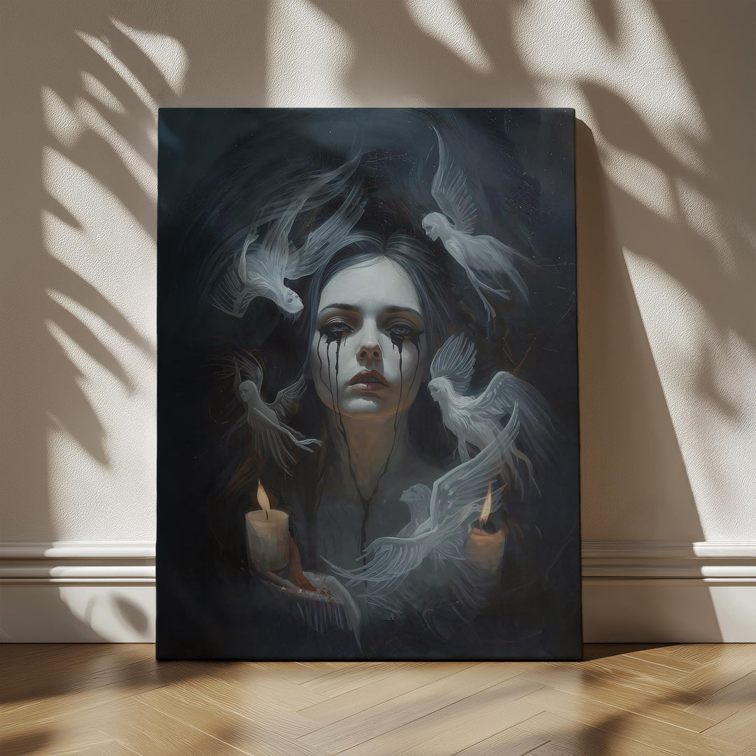 Dark fantasy wall art showing a pale woman with black tears and ghostly angels drifting through candlelit darkness