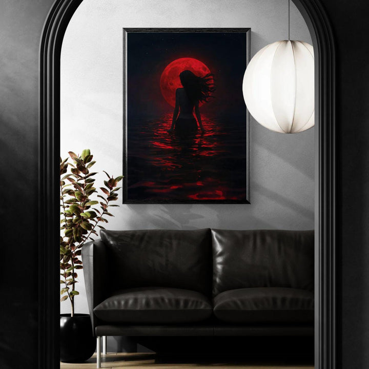 Dark fantasy artwork of a mermaid silhouette standing in shimmering crimson water beneath a glowing blood red moon, atmospheric and mystical ocean scene