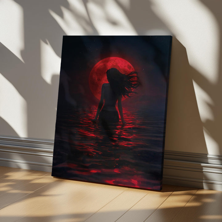 Dark fantasy artwork of a mermaid silhouette standing in shimmering crimson water beneath a glowing blood red moon, atmospheric and mystical ocean scene