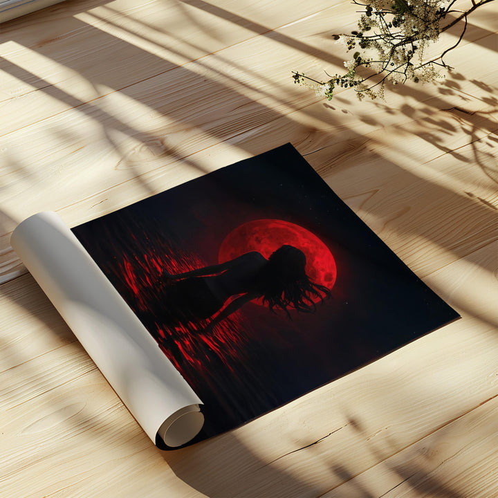 Dark fantasy artwork of a mermaid silhouette standing in shimmering crimson water beneath a glowing blood red moon, atmospheric and mystical ocean scene