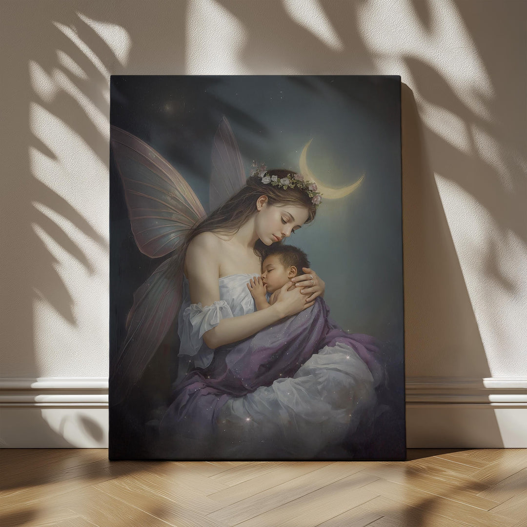 Fantasy artwork of a gentle fairy mother with translucent wings holding a sleeping baby beneath a glowing crescent moon, soft pastel tones and peaceful atmosphere
