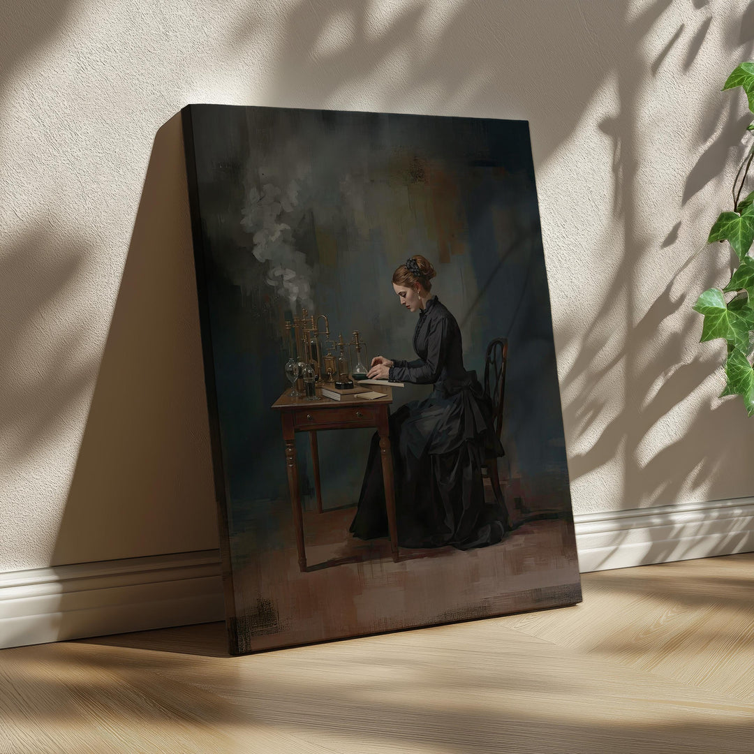 Victorian era scientist seated at a desk with antique laboratory glassware and notes in a dark academia style painting.