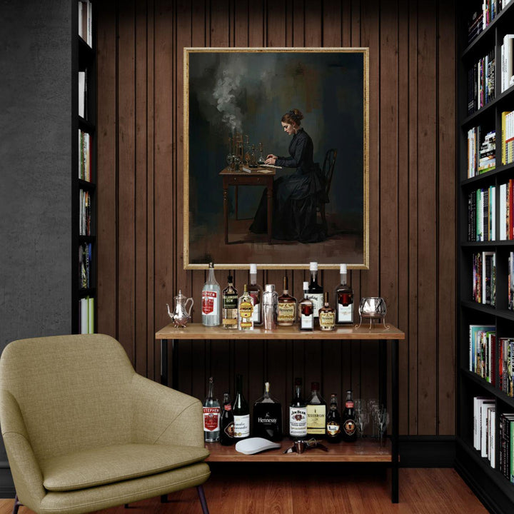 Victorian era scientist seated at a desk with antique laboratory glassware and notes in a dark academia style painting.