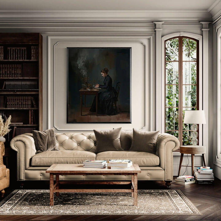 Victorian era scientist seated at a desk with antique laboratory glassware and notes in a dark academia style painting.
