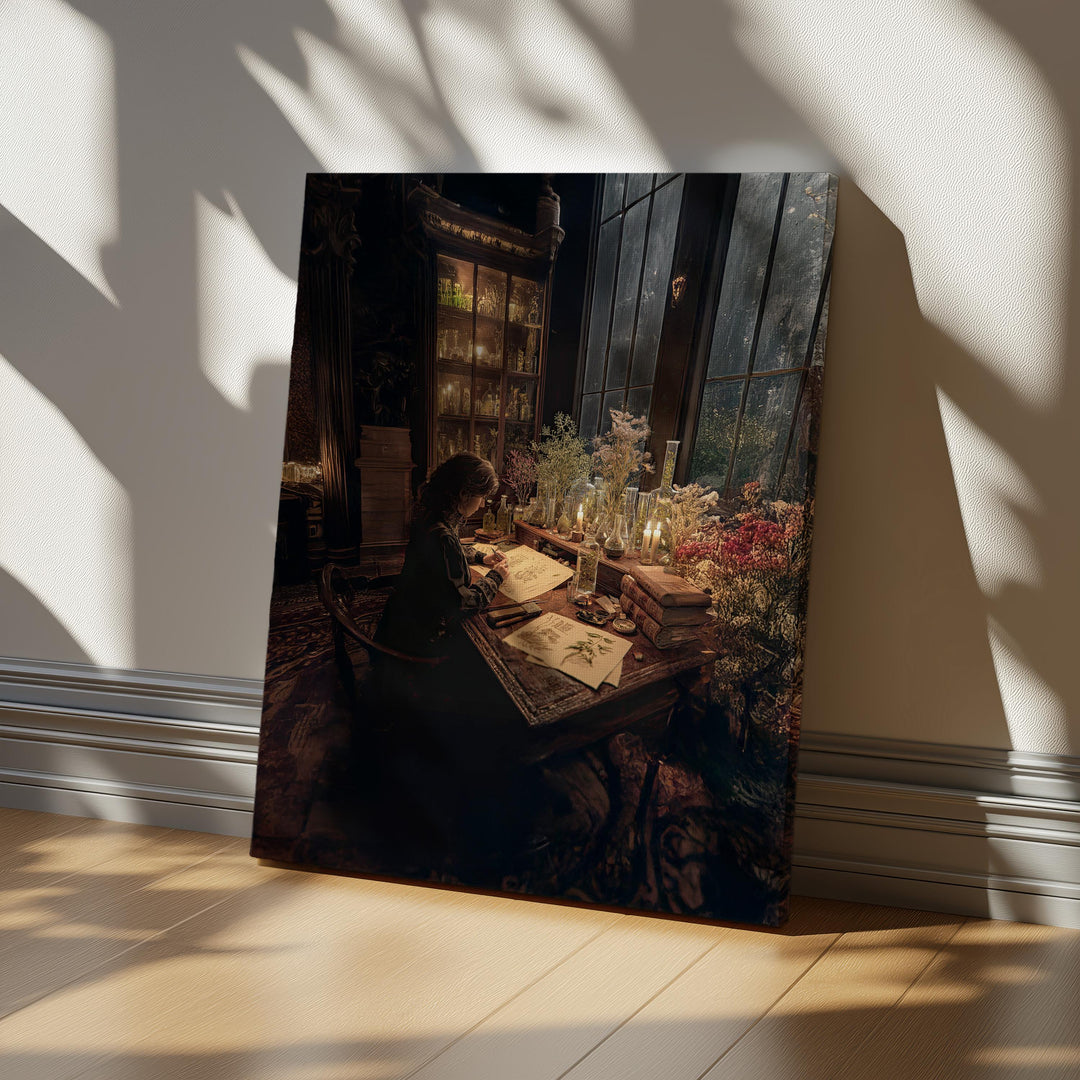 Dark academia painting of a scholar studying botanical drawings surrounded by herbs and glass bottles.