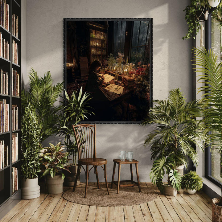 Dark academia painting of a scholar studying botanical drawings surrounded by herbs and glass bottles.