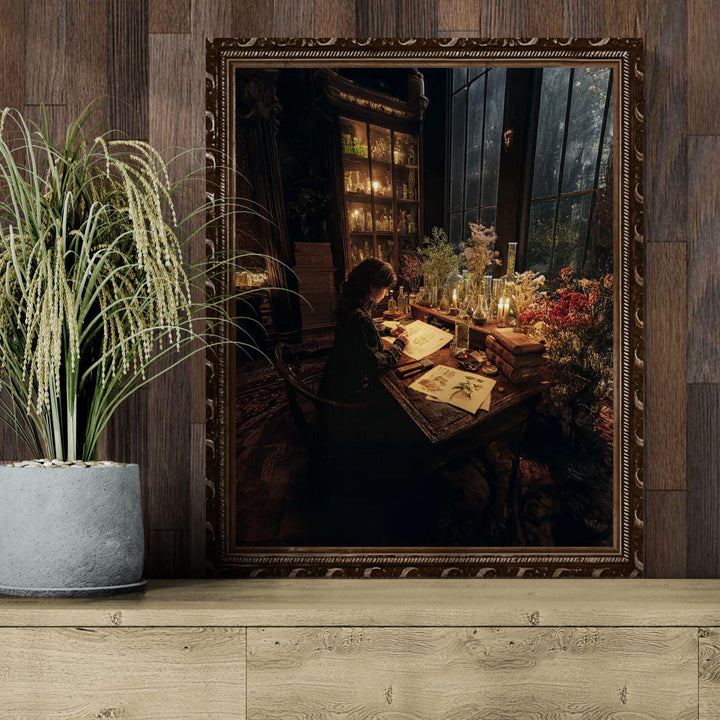 Dark academia painting of a scholar studying botanical drawings surrounded by herbs and glass bottles.