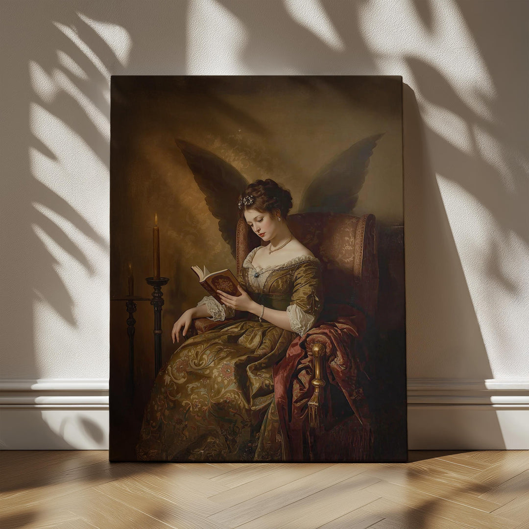 Dark academia painting of a woman reading by candlelight with a shadow forming angel wings on the wall.