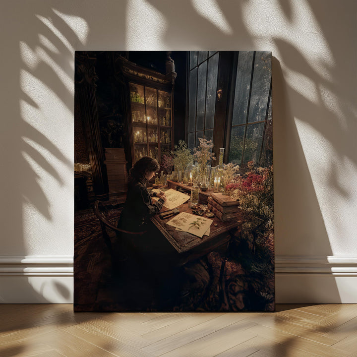 Dark academia painting of a scholar studying botanical drawings surrounded by herbs and glass bottles.