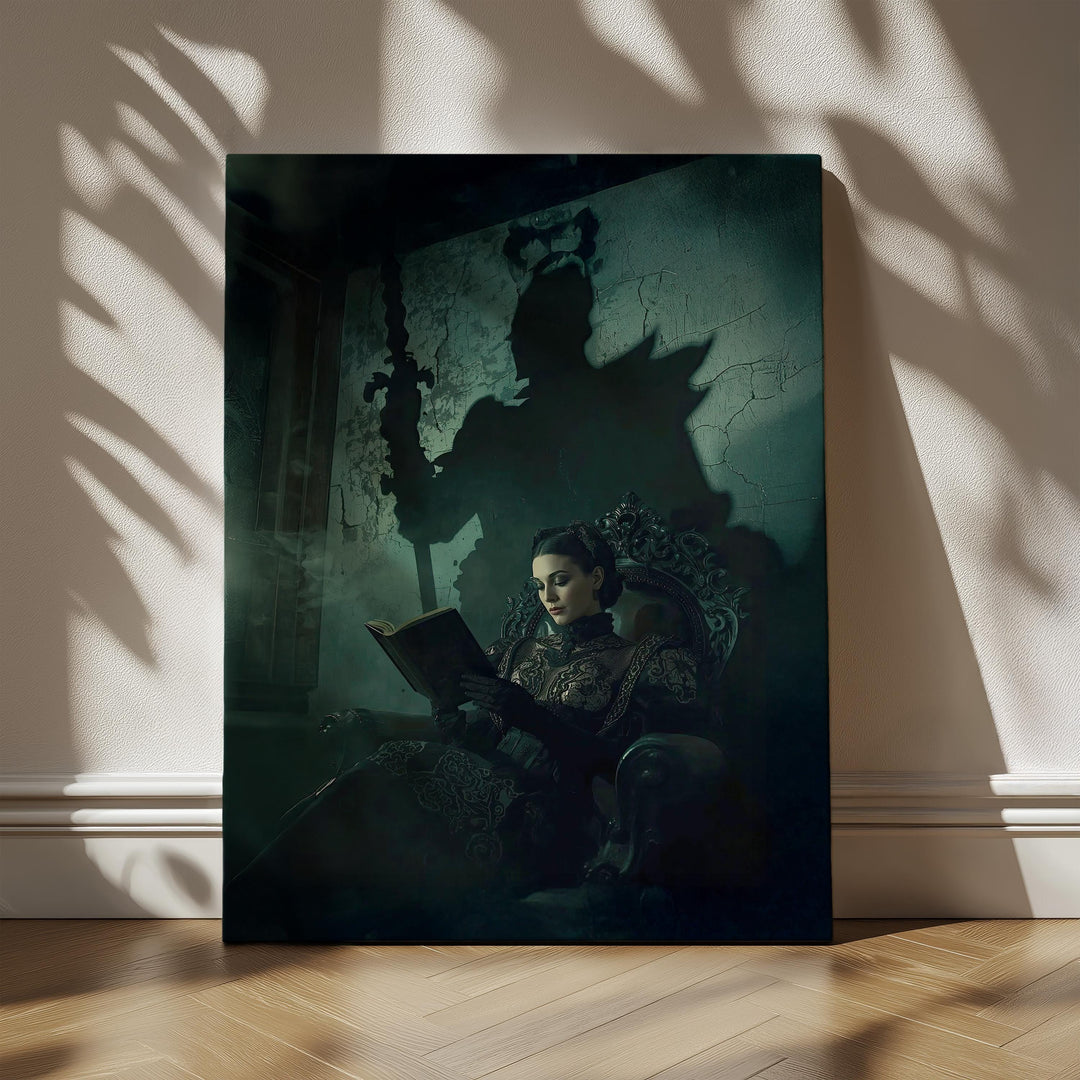 Dark academia painting of a gothic woman reading in a chair while her shadow reveals a warrior holding a sword.