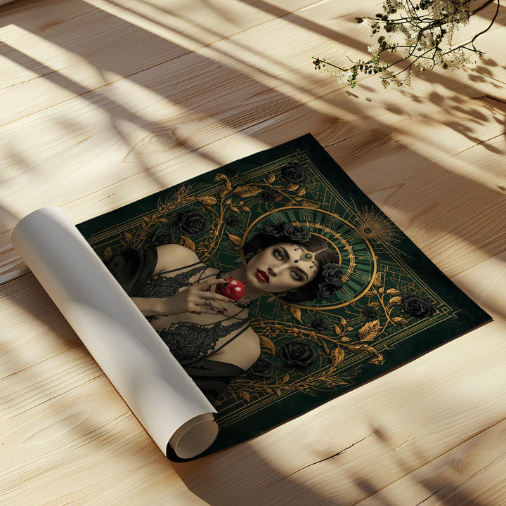 Persephone Dark Academia Wall Art – Gothic Pomegranate Goddess Portrait, Mythology Art Nouveau Poster