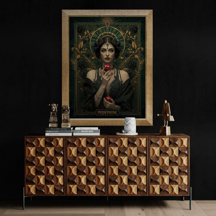 Art Nouveau style Persephone goddess portrait surrounded by black roses and gold filigree, holding a pomegranate against a deep emerald background in dark academia aesthetic.