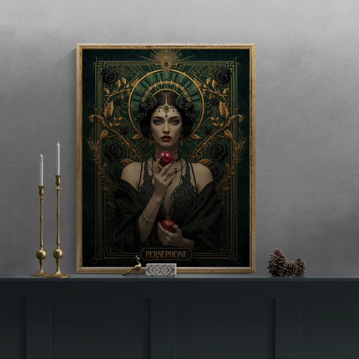 Art Nouveau style Persephone goddess portrait surrounded by black roses and gold filigree, holding a pomegranate against a deep emerald background in dark academia aesthetic.