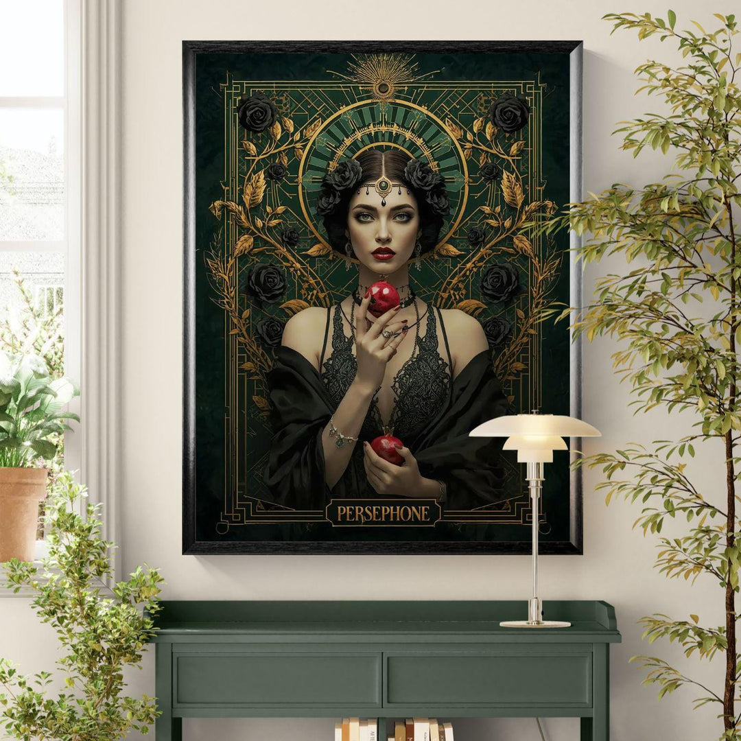 Art Nouveau style Persephone goddess portrait surrounded by black roses and gold filigree, holding a pomegranate against a deep emerald background in dark academia aesthetic.