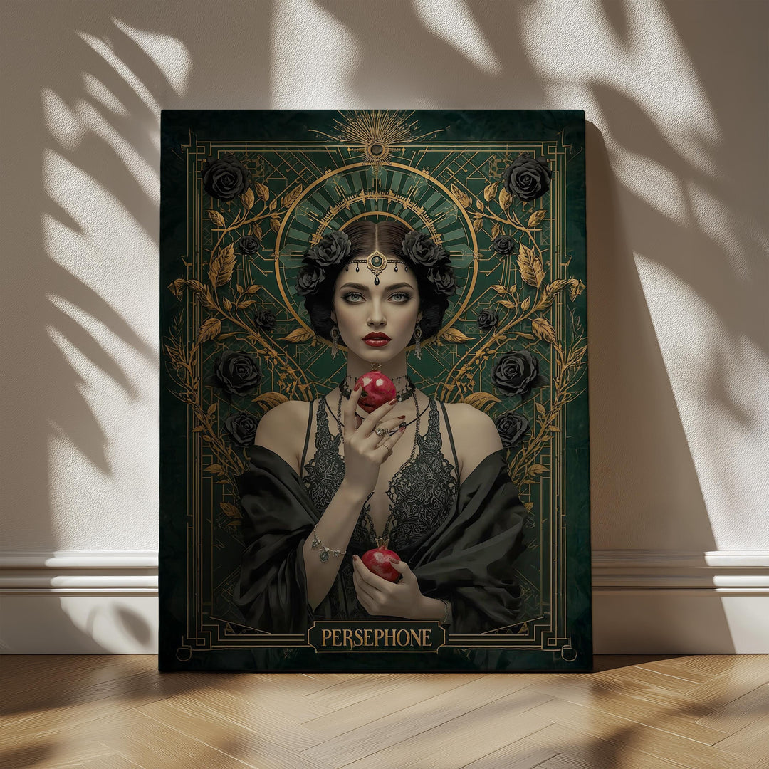 Art Nouveau style Persephone goddess portrait surrounded by black roses and gold filigree, holding a pomegranate against a deep emerald background in dark academia aesthetic.