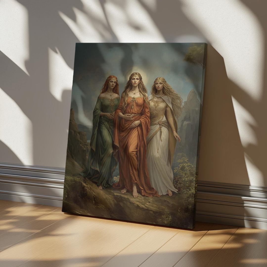 Celtic goddess wall art featuring three divine feminine figures inspired by Brigid, Morrigan, and Danu walking together in a glowing mythic landscape